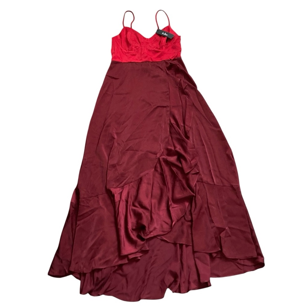 Lulus Double Darling Spaghetti Strap Satin Ruffled Maxi Dress Women’s Medium Red